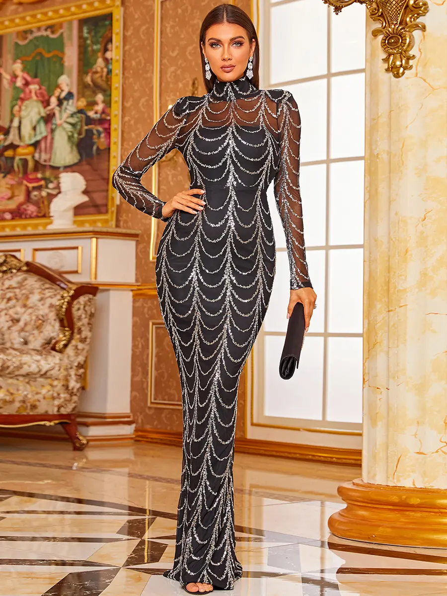 Missord Mock-Neck Sequin Mesh Prom Dresses Black Elegant Long Sleeve Formal Evening Wedding Guest Gown,M0032 Polyester Womenswear,