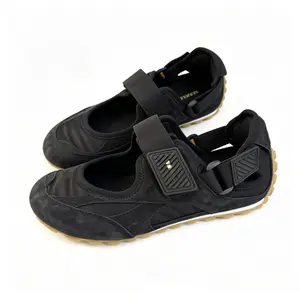 Grunge Balletcore Sneakers Black Suede Hook Loop Strap Gorpcore Walking Shoes Downtown Girl Mary Jane Dad Shoes Breathable Matte Black Outdoor Casual Flats