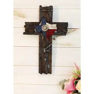 Western Star On Texas Map Flag With Barbed Wires Faux Distressed Wood Wall Cross