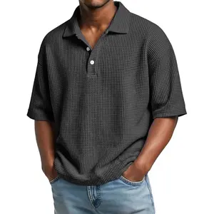 Men's Summer Retro Loose Waffle Polo Top - Breathable 3D Checkered, Sweat-Resistant Solid-Color Streetwear for Young Men (Menswear Tops)