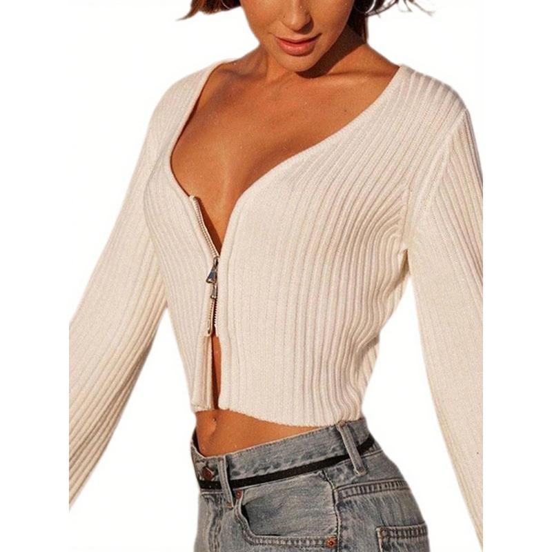 Women Knitted Cardigan Tops Solid White Long Sleeve Zipper Closure Top Casual Outwear Simple T-Shirt Tops Fabric Fit Knitwear Crop