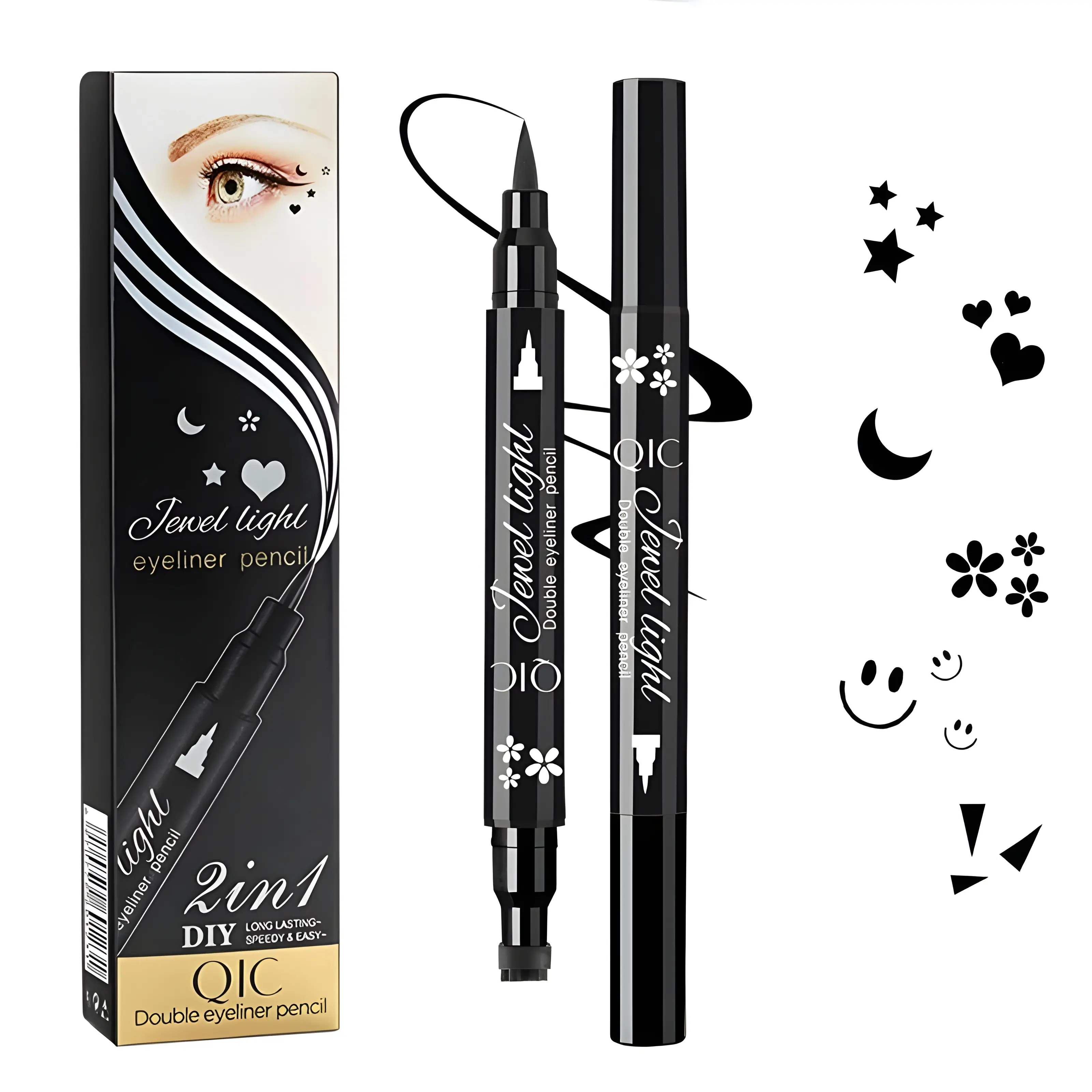 Youth Cosmetic Dual-Ended Waterproof Eyeliner Pencil Set - 1# Star-Black Stick with Moon, Star, Heart Stamps, Long-Lasting for Daily & Special Occasions Eye Makeup