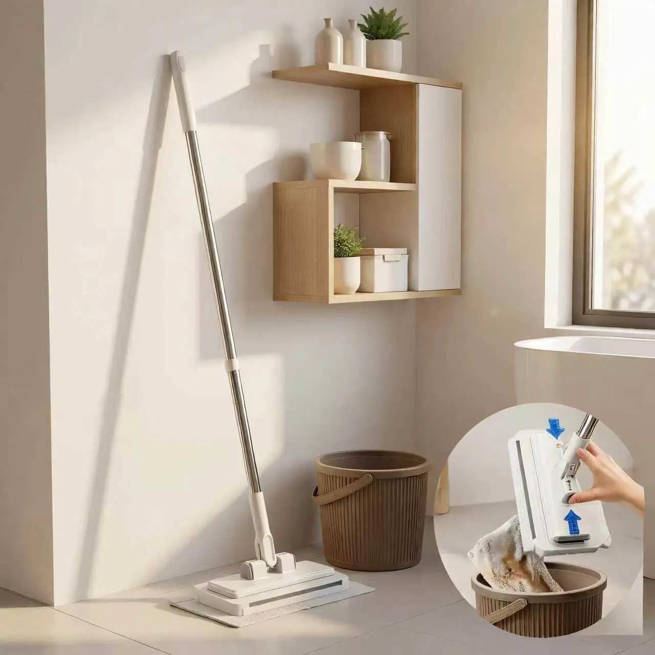 Retractable Disposable Dust Mop, Handheld Mop with Hands-Free Automatic Clamp, Dry-Wet Dual Use, Replaceable Non-Woven Pads, No Hand Wash, Home Cleaning Supply for Hardwood Floors, Tile Floors