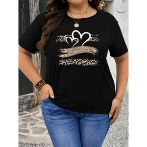 Plus Size Leopard Print & Glitter Double Heart Graphic T-Shirt