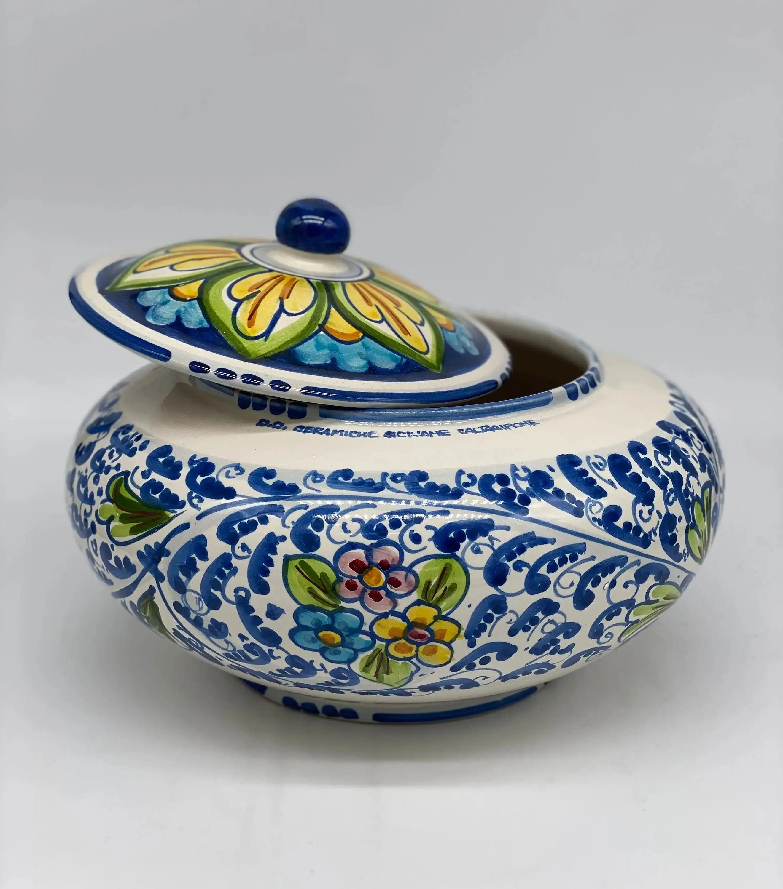 Decorated Biscuit Jar '600 Caltagirone Ceramic Flowers cm H.18 L.24 Handcrafted