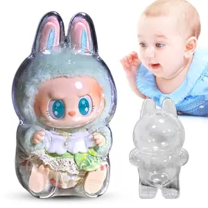 Transparent Protective Cover for Labubu Dolls, Vinyl Doll Storage Box and Cute Elf Plushie Display for Holiday Gifts