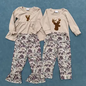 Embroidery reindeer tunic top camouflage ruffle pants girls clothes