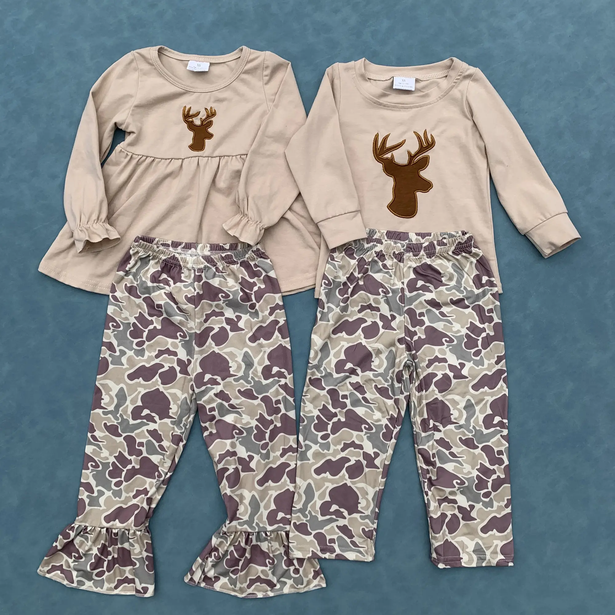 Embroidery reindeer tunic top camouflage ruffle pants girls clothes