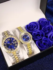 Fashion Couple Watch, Fashionable Watch, Fashion Rhinestone Decorated Quartz Watch with Box, Trendy All-match & Exquisite Watch for Birthday Gift