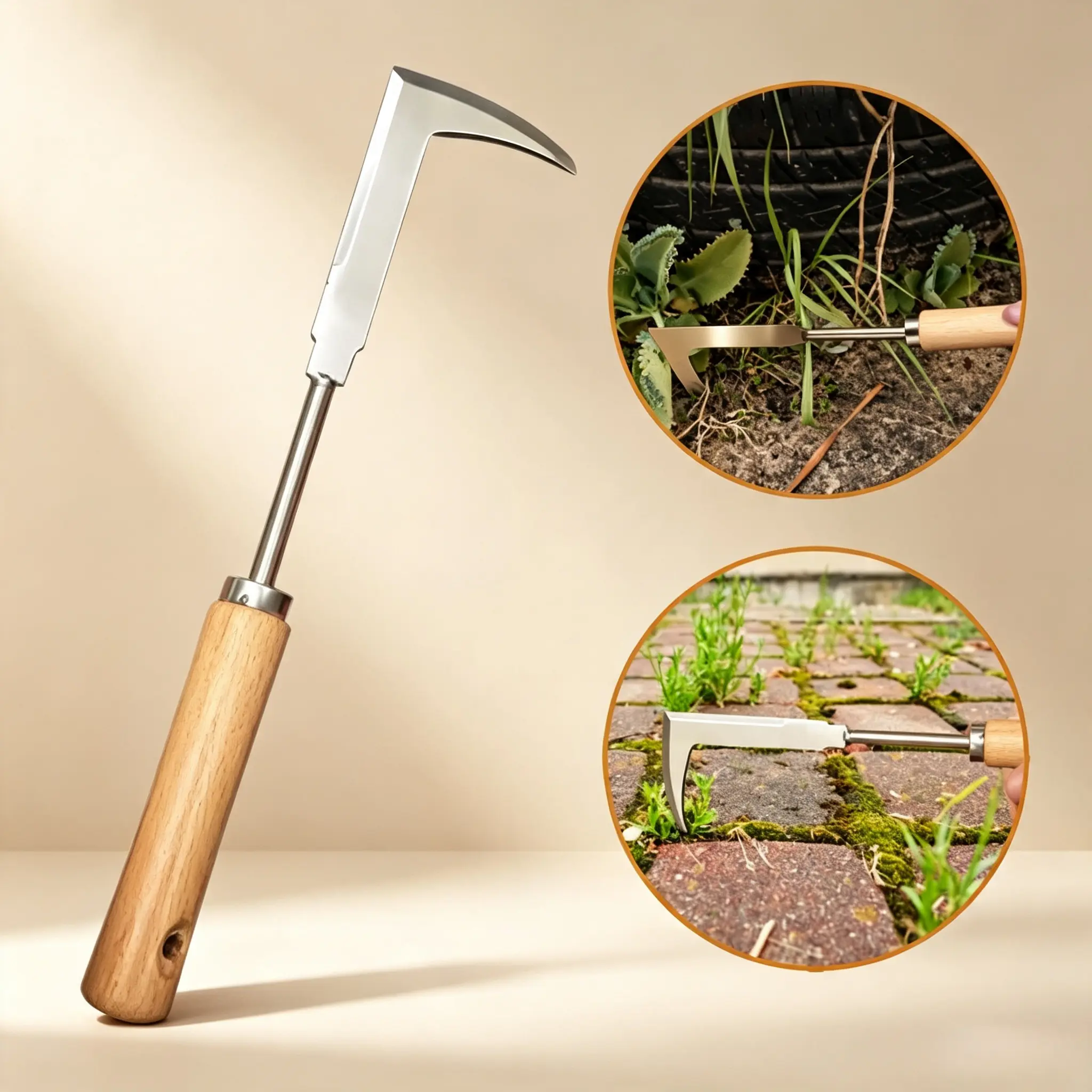 Wooden Handle Crevice Weeder, Stainless Steel Manual Grass Remover for Patio, Pathways & Yards