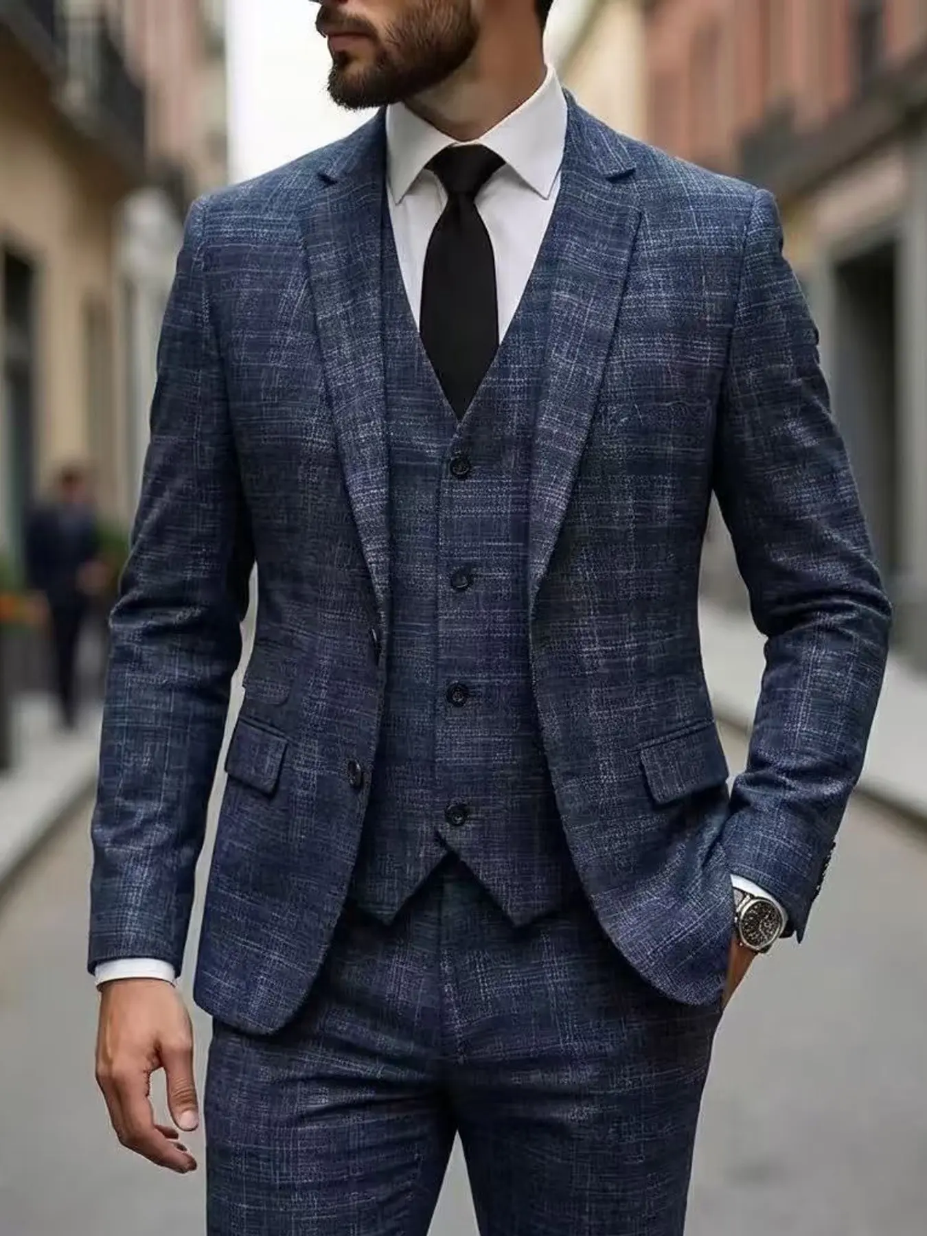 Men's Business Casual Gingham Checked Suit Set, Slim Fit Wedding Prom Party Wear, Four Seasons Men's Clothing, Elegant Style, Classic Formal Wear Menswear, Formal Attire, Business Suits