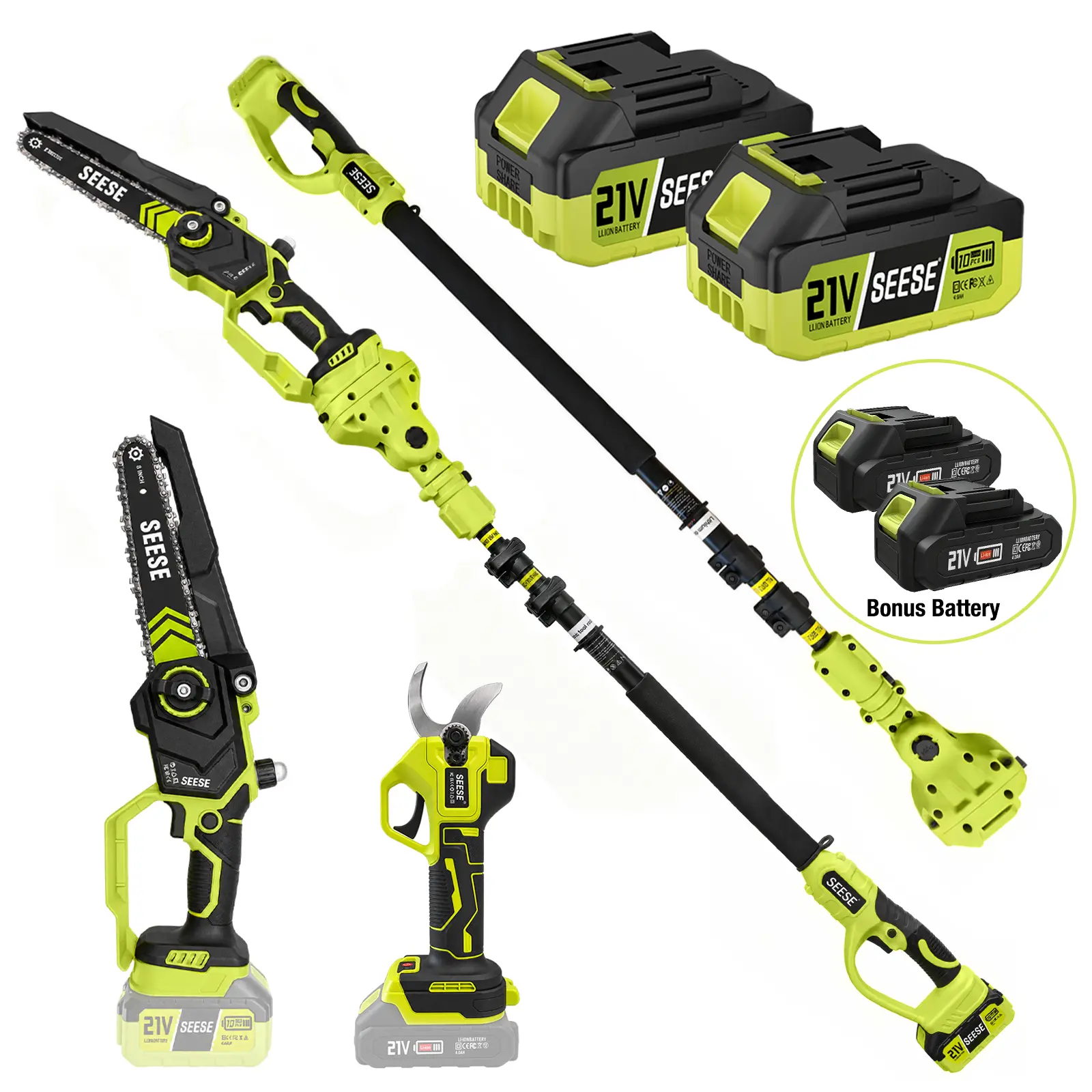 SEESE 2-in-1 Brushless Pole Saw & Pruning Shears Combo, 8" Telescopic Mini Chainsaw with 16ft Working Height, 0.8"-1.26" Adjustable Branch Cutter, 180° Angled Head, Shoulder Strap, 4 x 21V Batteries (2 Bonus) for Garden & Orchard