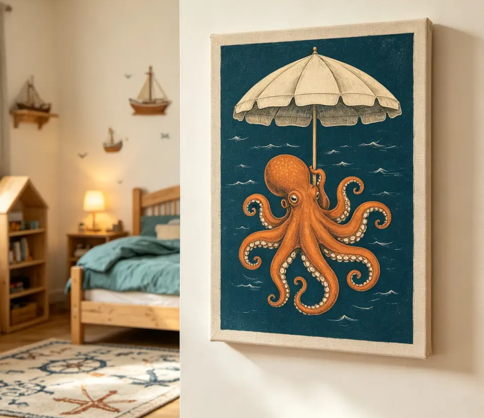 Japanese Octopus Art Print - Minimalist Marine Illustration, Vintage Nautical Poster for Home Decor, Bedroom Decor