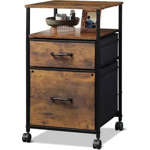 2 Drawer Mobile File Cabinet, Rolling Printer Stand with Open Storage Shelf, Fabric Vertical Filing Cabinet fits A4 or Letter Size for Home Office, Rustic Brown Wood Grain Print