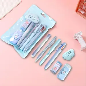TikTok Favorite 7-Piece Kawaii Stationery Set – Includes Ballpoint Pens, Pencil, Highlighter, Correction Tape, Ruler & Utility Knife, Trendy Back-to-School Supplies for School & Office (Blue, Pink, Purple) Refills