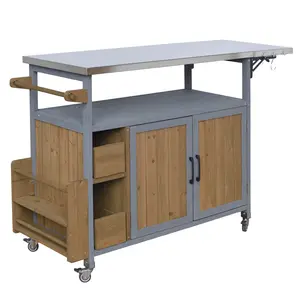 54.33" Outdoor BBQ Kitchen Cart Solid Fir Wood & Stainless Steel Top Fold-Down Workspace Rolling Lockable Wheels Blue Gray Walnut Grill Storage Station FarmhouseFurniture BBQCart