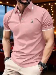 Men's Fashionable Geometric Skull Rabbit Polo Shirt, Outdoor Short Sleeve Top, Casual Summer Button Front, Breathable Polyester Fabric, Polo Gift