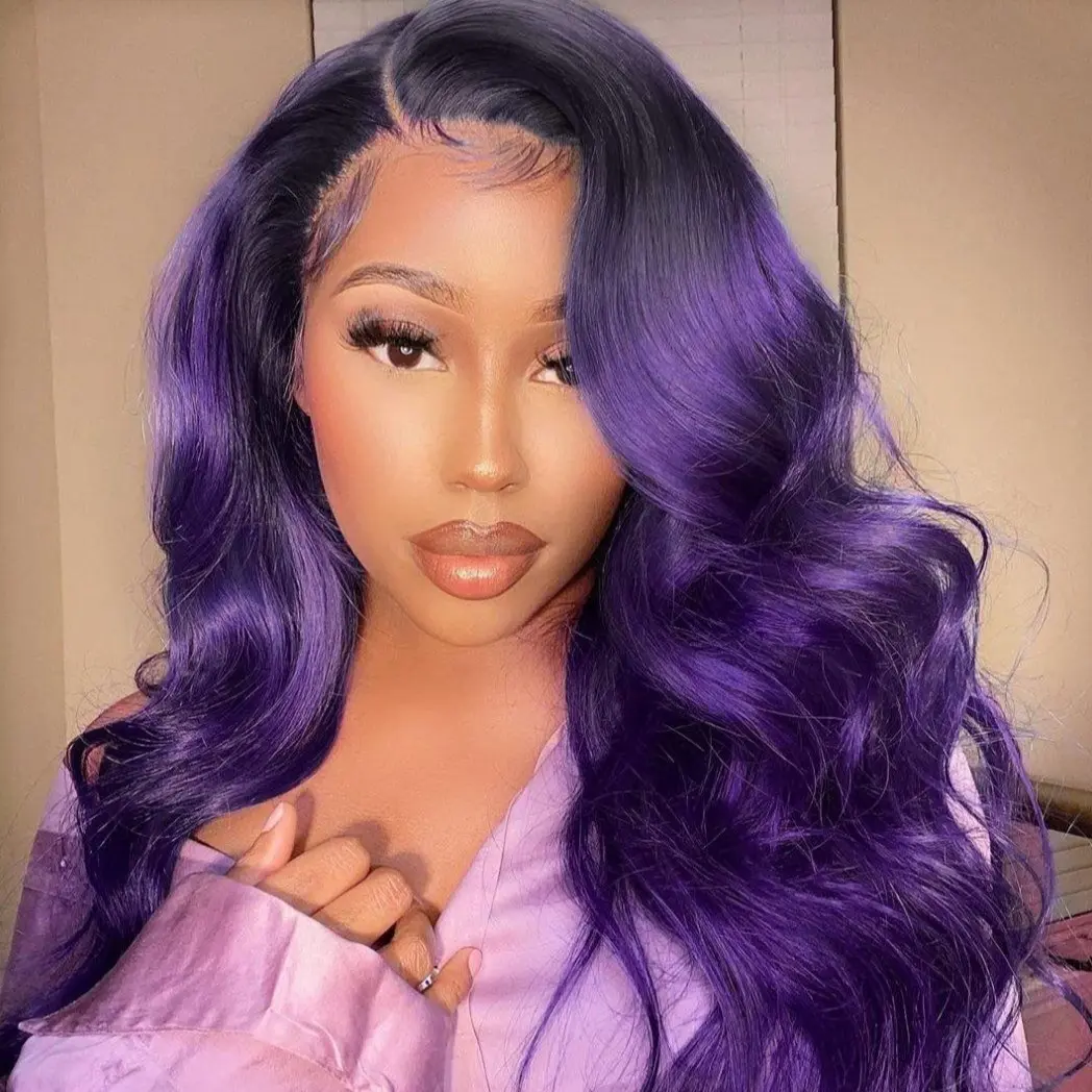 KINCY Ombre Purple Lace Front Wig Body Wave Synthetic Heat Resistant Fiber Wig With Pre Plucked Baby Hair Wavy Colorful Wig for Women 24 Inch