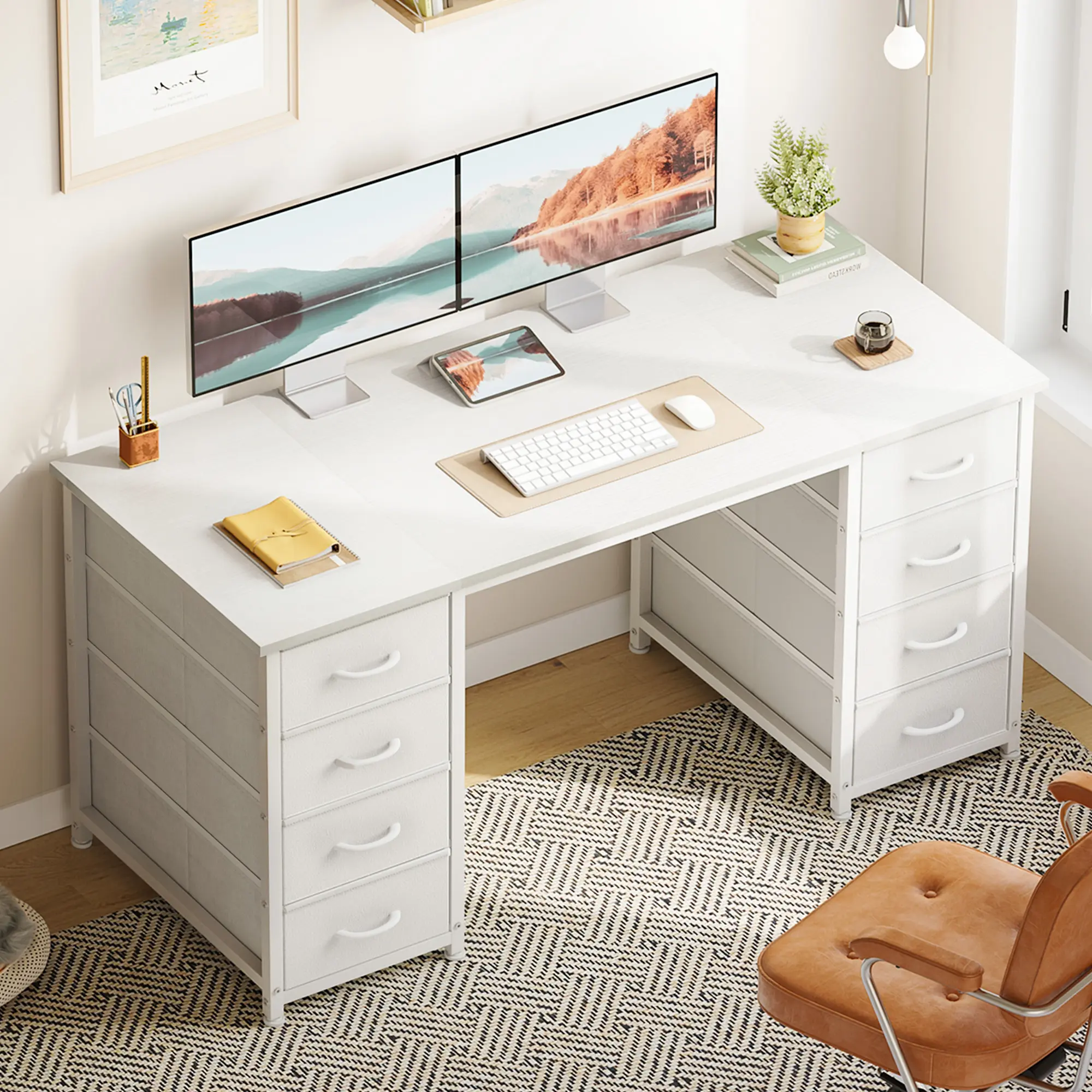 AODK Modern White Engineered Wood Office Desk with 8 Drawers, Ideal for Office & Home Workstations, Computer Setup Storage & Organization