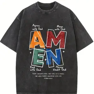AMEN,Agree With God,Move With God,End With God,Never Doubt God, Classic Letter Header Design, Shoulder Drop Design, God Bless You, Classic Retro Fashion Casual Popular Color Letter Pattern Printed Boutique 230g Washed Cotton T-Shirt, Men's washed pure cot