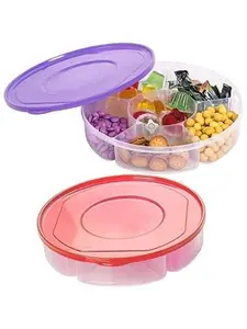 2 Pack - Candy and Nut Serving Container, Appetizer Tray with Lid, 6 Compartment Round Plastic  Storage Lunch Organizer, Divided Christmas Keto Snack Plate, Dish Platter w/Cover, 10-Inch
