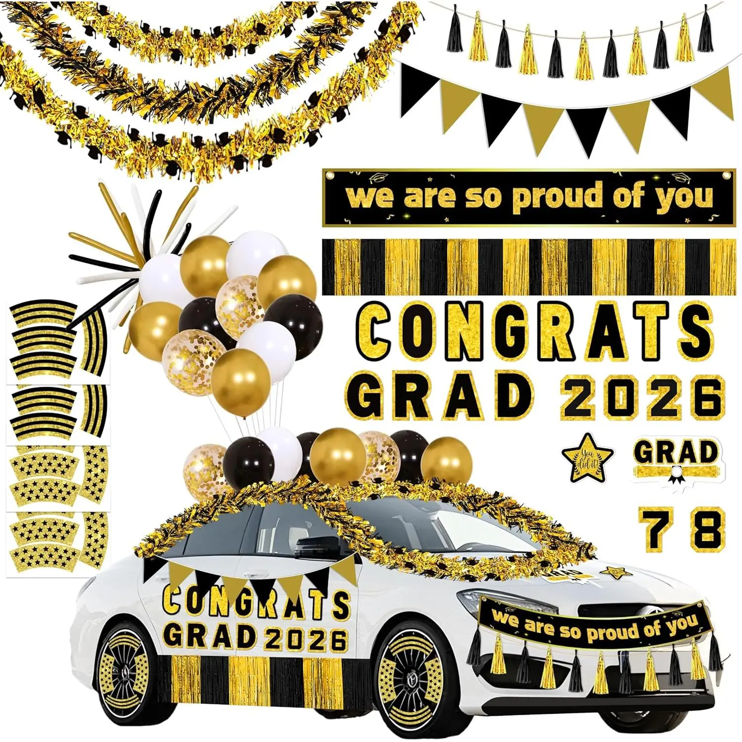 58pcs 2026 Graduation Magnetic Car Decorations Set - Black Gold Magnets, Tinsel Garlands, Banners, Balloons Kit for Class of 2026 Car Parade Float, Party, Indoors, Outdoors Hanging Decor