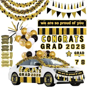58pcs Graduation Car Decorations 2026 Set – Black Gold Magnets Tinsel Garlands Banners Balloons Kit for Class of 2026 Party, Parade Float, Indoor Outdoor Hanging Decor