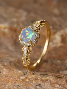 1pc Vintage Gold Flower & Lace Detail Opal Ring, Retro Palace Style Opal Ring As Gift For Wife/Mom Valentines, Mother's Day, Gift
