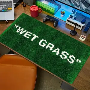 Game mouse pad, 2D printed green grass design mouse pad, suitable for office and game decoration, interesting "wet grass" text, desktop mouse pad, workspace accessories, unique patterns, interesting text printing, game players