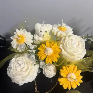 Soya Candles - Decorative Flower Bouquet with White and Yellow Daisy & Rose Design for Home Decor