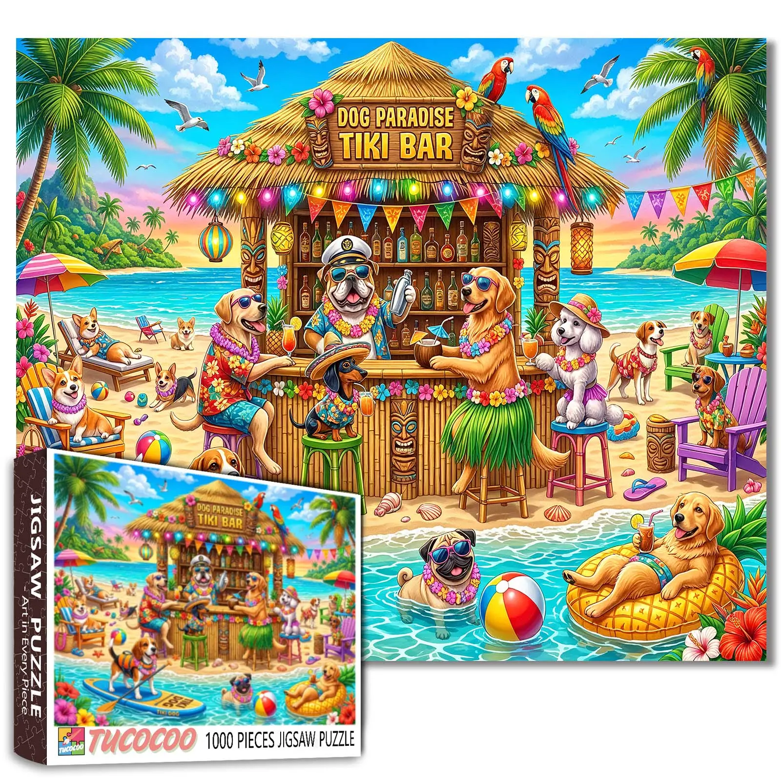 Tucocoo Dog Paradise Tiki Bar Beach 1000 Pieces Jigsaw Puzzle Adult, funny dogs at tropical seaside bar with ocean view, colorful summer scene, relaxing Family Themed Jigsaw Puzzle game, stress relief brain challenge, wall decor gift 27.5x20inch 70x50cm