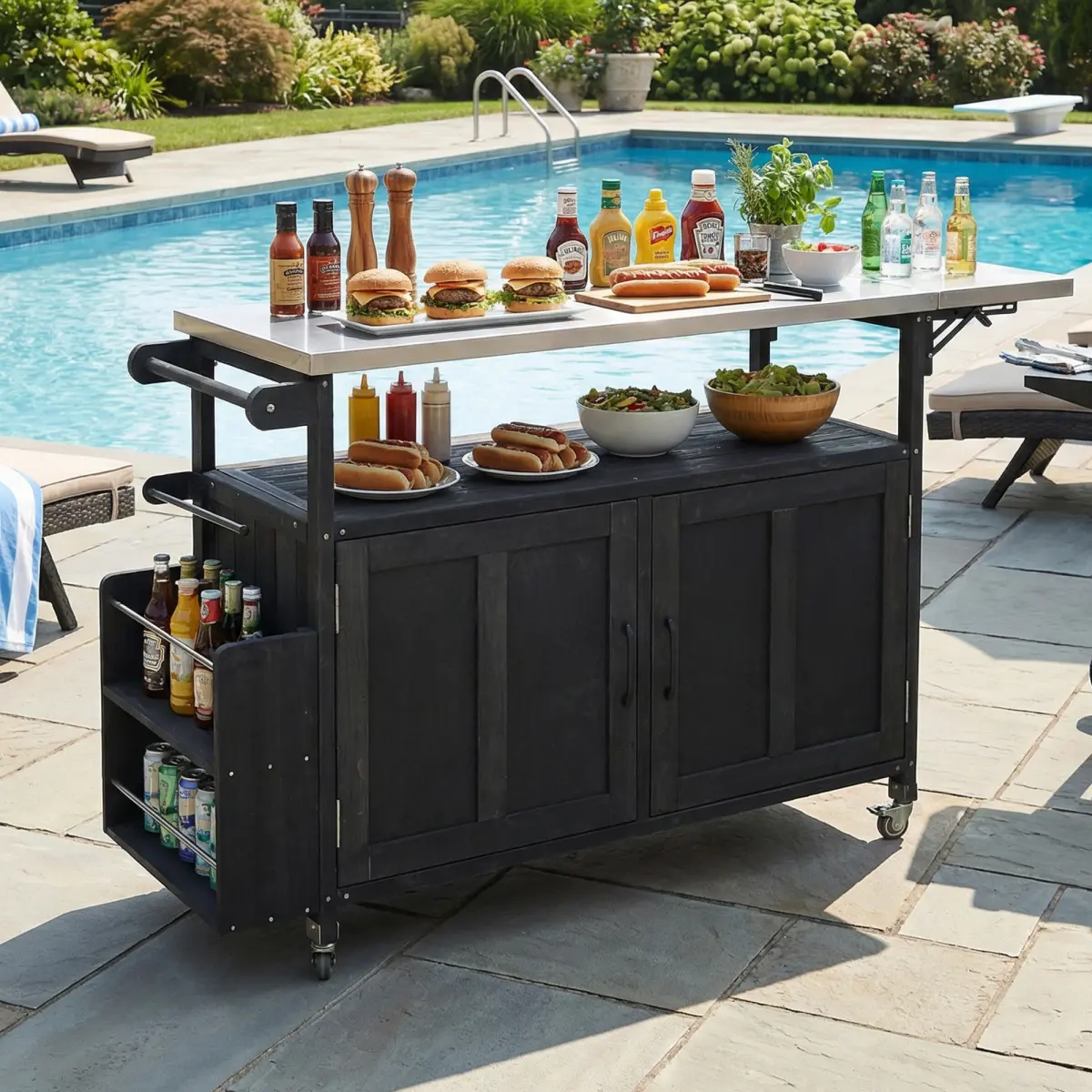 Fahuac Wooden Outdoor Kitchen Island - 60.6"W Rectangular Fir Wood BBQ Cart with Foldable Stainless Steel Top, Rolling Prep Organiser with Adjustable Shelves, Lockable Swivel Wheels, Cabinet, Rack, Self-Assembly, 60.6x18.1x35.4in for Outdoor BBQ