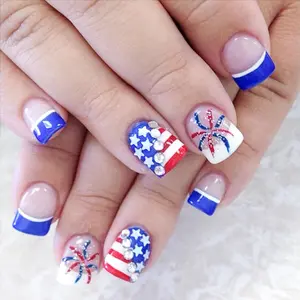 4th of July Press on Nails Short Square French Tip Fake Nails with Glitter Stars Rhinestones Fireworks Design Acrylic Glue on Nails Patriotic False Nails for Independence Day Nails Kit 24Pcs