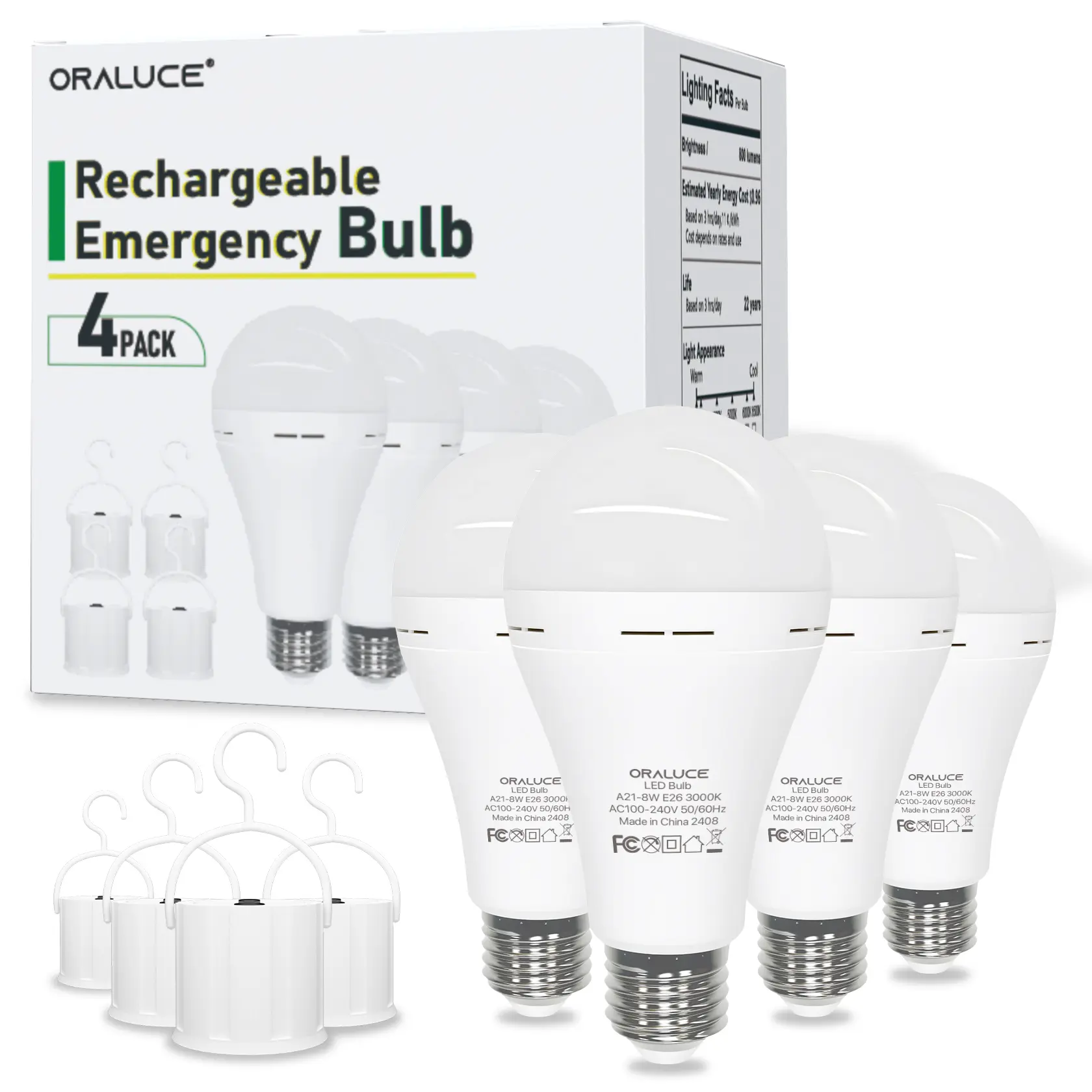 ORALUCE Emergency Rechargeable Light Bulbs 60W Warm White 3000K Battery Operated LED E26 Base Flicker-Free 4-Pack for Power Outage Sconces & Lamps