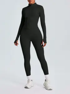 Women's Solid Color Yoga Set, Stretchy Suit Set, High Waisted Tight Pants & Zipper Jacket, Comfortable Fabric, Ideal for Gym, Running, All Seasons, Gym Yoga Outfit