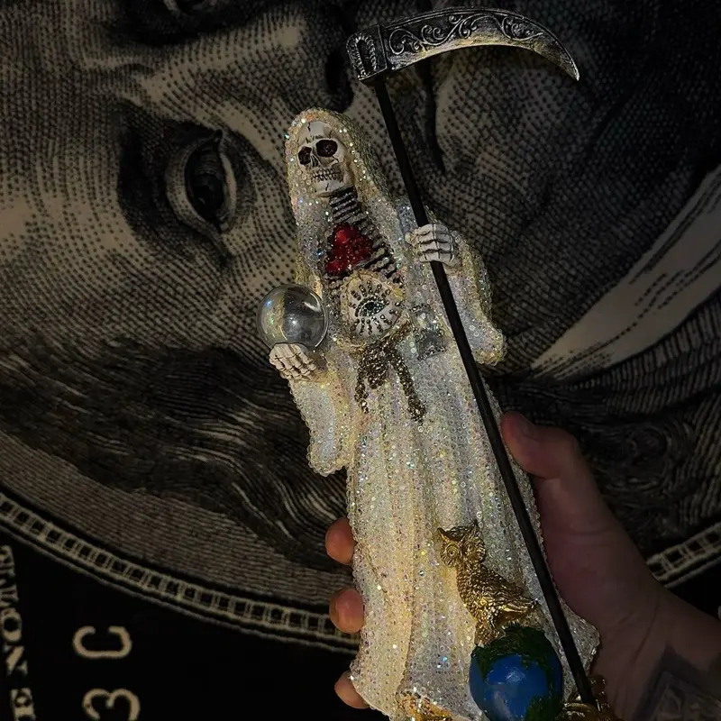 14-Inch Angel of Death Statue - Rose Accent, Evil Eye Design, Rhinestone Adornments, Intricate Details, Spooky Religious Decoration, Gothic Indoor Home Decor Figurine, Silicone Rosary Collectible Ornament, Ornaments