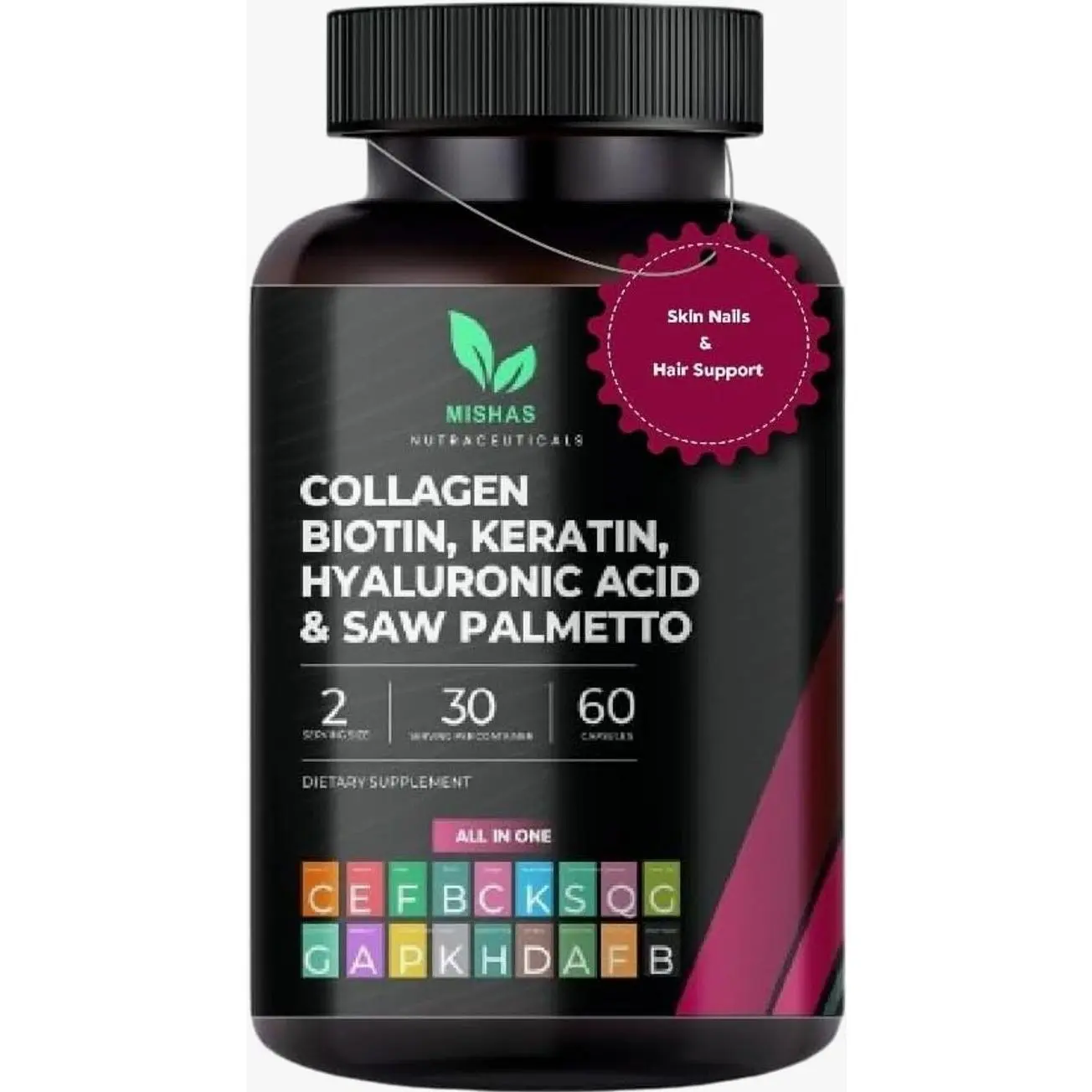 Multi Collagen Hair Pills - Biotin 10,000mcg, Keratin & Hyaluronic Acid - Hair Growth - Hair Skin & Nails Vitamins & DHT Blocker - Vitamin E Folic Acid Pumpkin Seed MSM, Saw Palmetto 60 Vegan Capsules