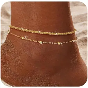 CASSIECA  925 Sterling Silver Ankle Bracelets for Women Gold Silver Anklet Adjustable Women's Anklets Waterproof Dainty Layered Anklet Set Ankle Chains Beaded Rope Link Beach Anklets for Women SummerVibes
