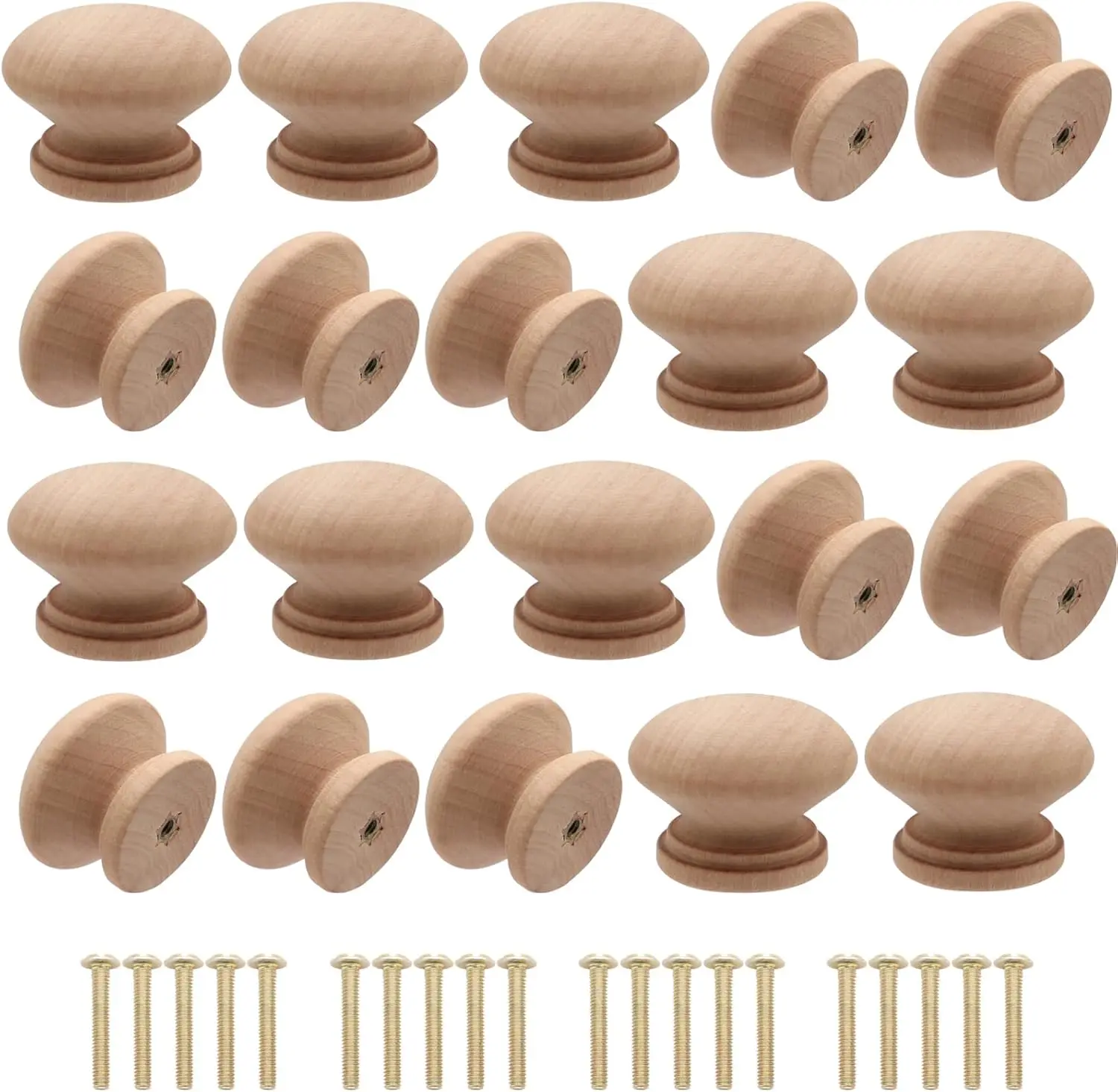 20 count Wooden Cabinet Knobs Unfinished  Knobs for Dresser Mushroom Drawer Knobs Pulls Handles (1.3" Dia., 1" Height, with Screws)