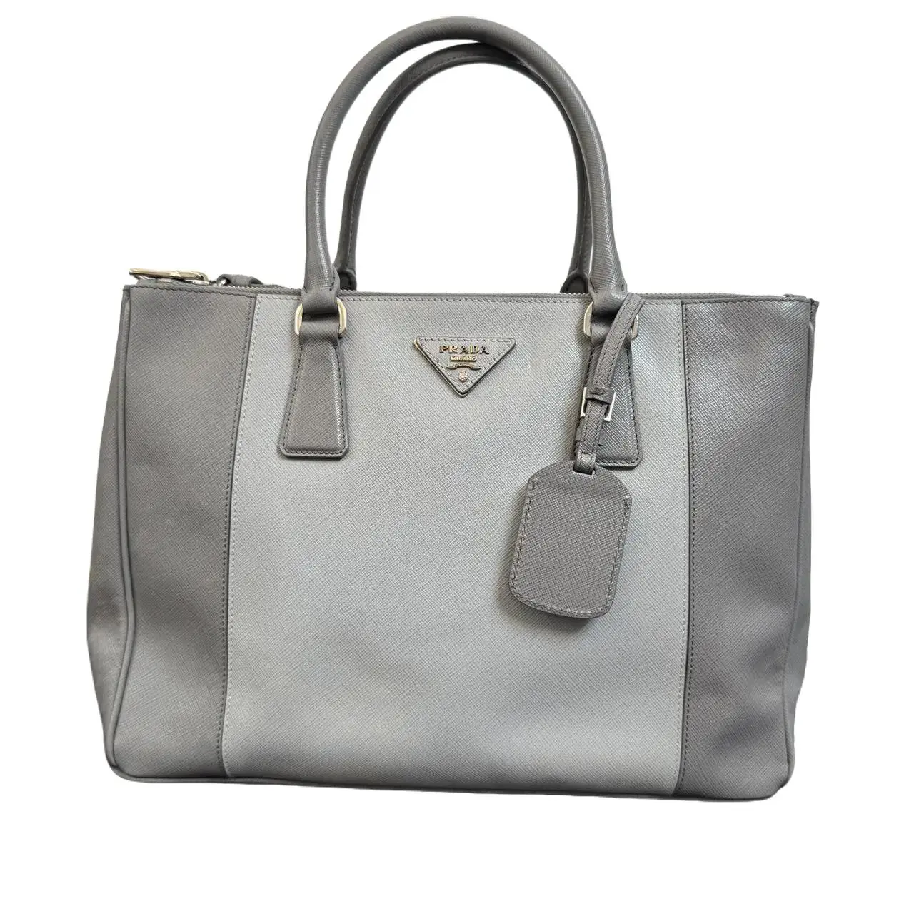 Pre-owned PRADA Galleria Series Two Tone Gray Tote Bag Commuter Handbag Iconic Inverted Triangle Logo Premium Matte Texture Saffiano Leather