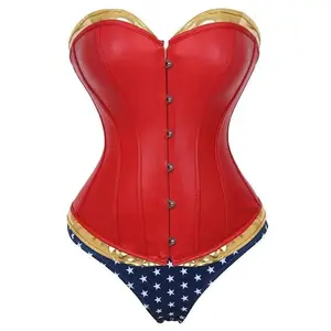 Sexy Corset Women Ovebust Bustier Halloween Superhero Plus Size Costume Red Faux Leather Steampunk Corselet(gift)