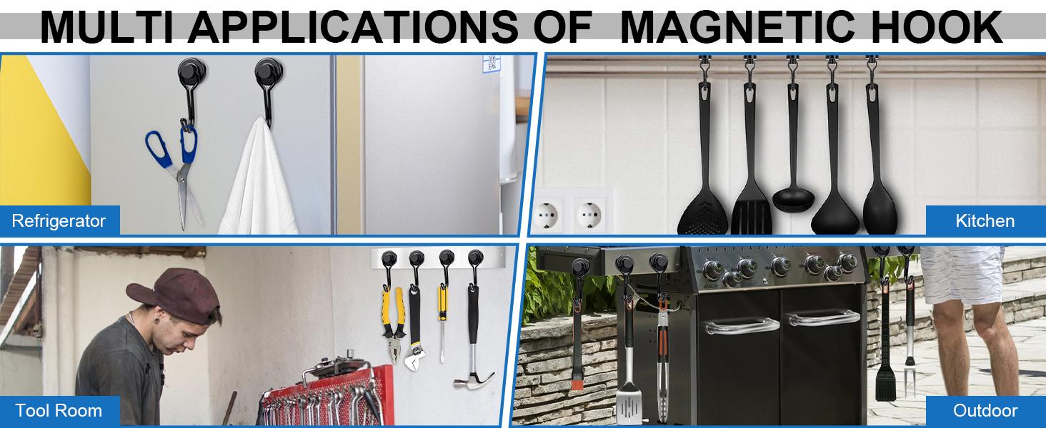 6 Pack Black Magnetic Hooks, 30lbs+ Heavy Duty Strong Magnets, 2026 Cruise Ship Essentials for Cabin, Refrigerator, Grill, Kitchen & Travel Hanging