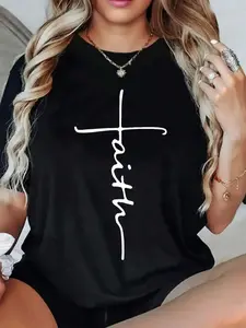 Women's FAITH Print Oversized Tee, Casual Polyester Knit Round Neck Top, All-Season 200gsm Comfortable Holiday Everyday Wear Shirt