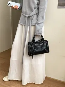 Women's Solid Color Rock Style Handbag, Boston Bag with Rivet Hardware and Fringe Decor, Crossbody and Shoulder Bag, Fashion Accessory