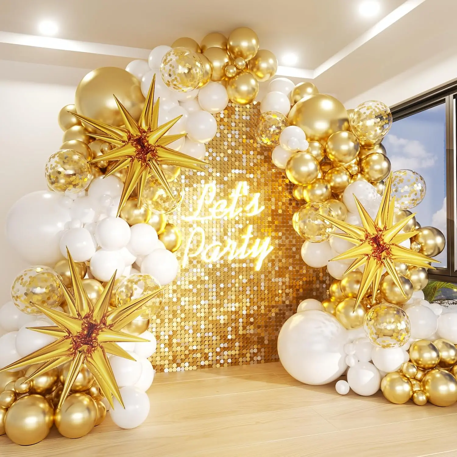 White and Gold Balloons Garland Arch Kit, 130Pcs White Metallic Gold Confetti Balloon with Star Foil Balloons for Birthday Wedding Engagements Graduation Shower Anniversary Party Decorations