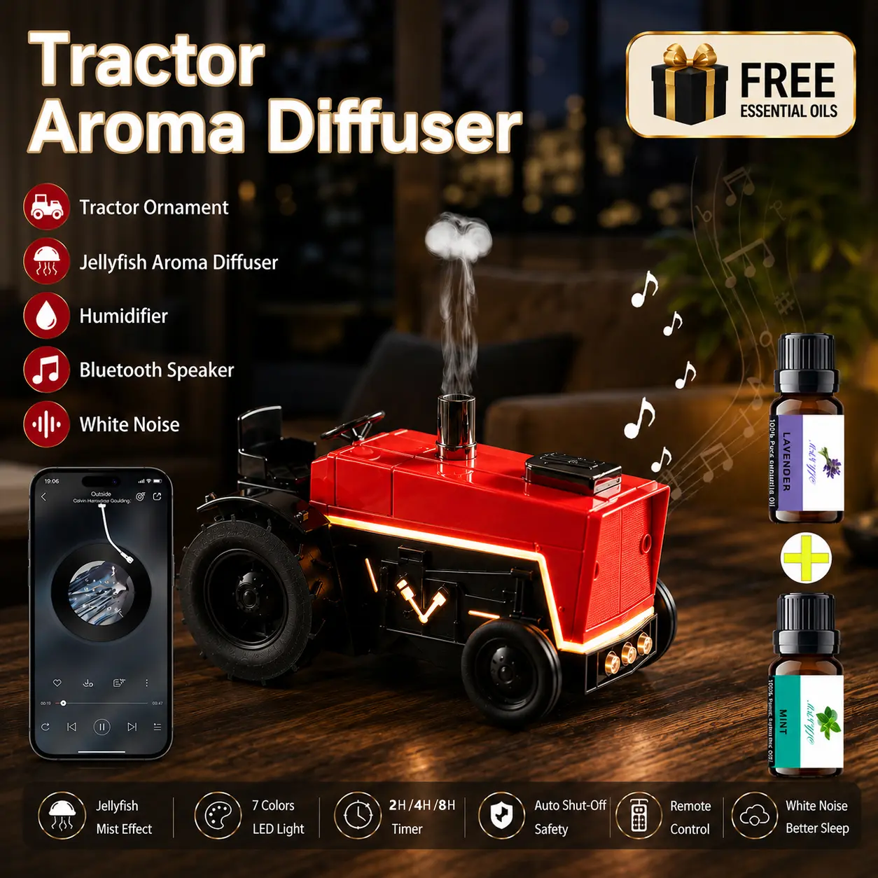 Multifunctional Red Tractor Aroma Diffuser - 24V Input, Wireless Bluetooth Speaker, Humidifier, White Noise Machine - Home Decor, Household Relaxation Appliance