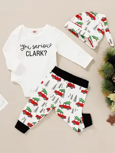 3-piece Cute Baby Letter Printed Jumpsuit And Cartoon Car Pattern Printed Pants And Hat Set, Soft, Comfortable, Breathable