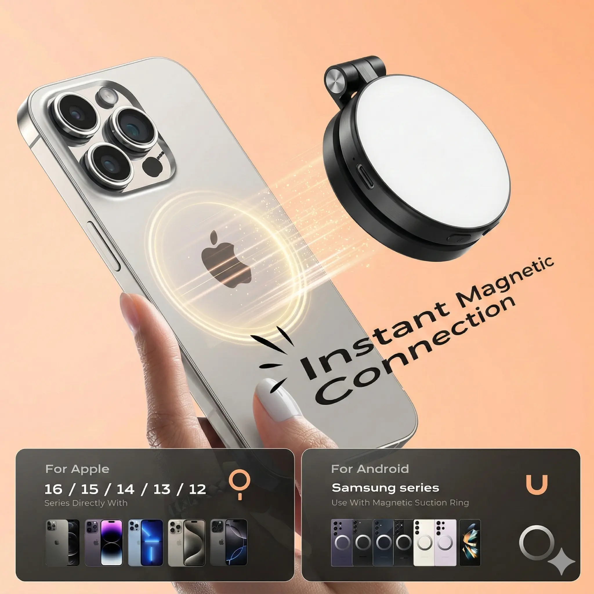 Magnetic Selfie Light Compatible with iPhone Magsafe, Adjusted 3 Modes, LED Phone Fill Light with Mirror for Selfies, Photography, Makeup, Vlogs, TikTok, Video Recording（Included Metal Ring)