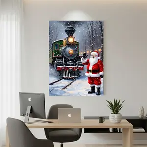 Framed Modern Christmas Steam Train & Santa Claus Winter Wonderland Canvas Wall Art - Vibrant HD Printed Wood Framed , Reusable Holiday Decor for Living Room, Bedroom, Cafe - Snowy Train Scene with Santa waving, Ideal Christmas & Halloween Gift
