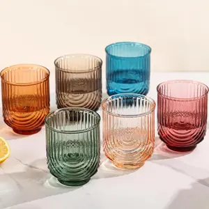 Colored Vintage Drinking Glasses Set of 6-15oz Hand-Blown Highball Ribbed Glassware, Arch Design Cocktail Glasses for Whiskey Water Beverages Ice Coffee Juice Milk